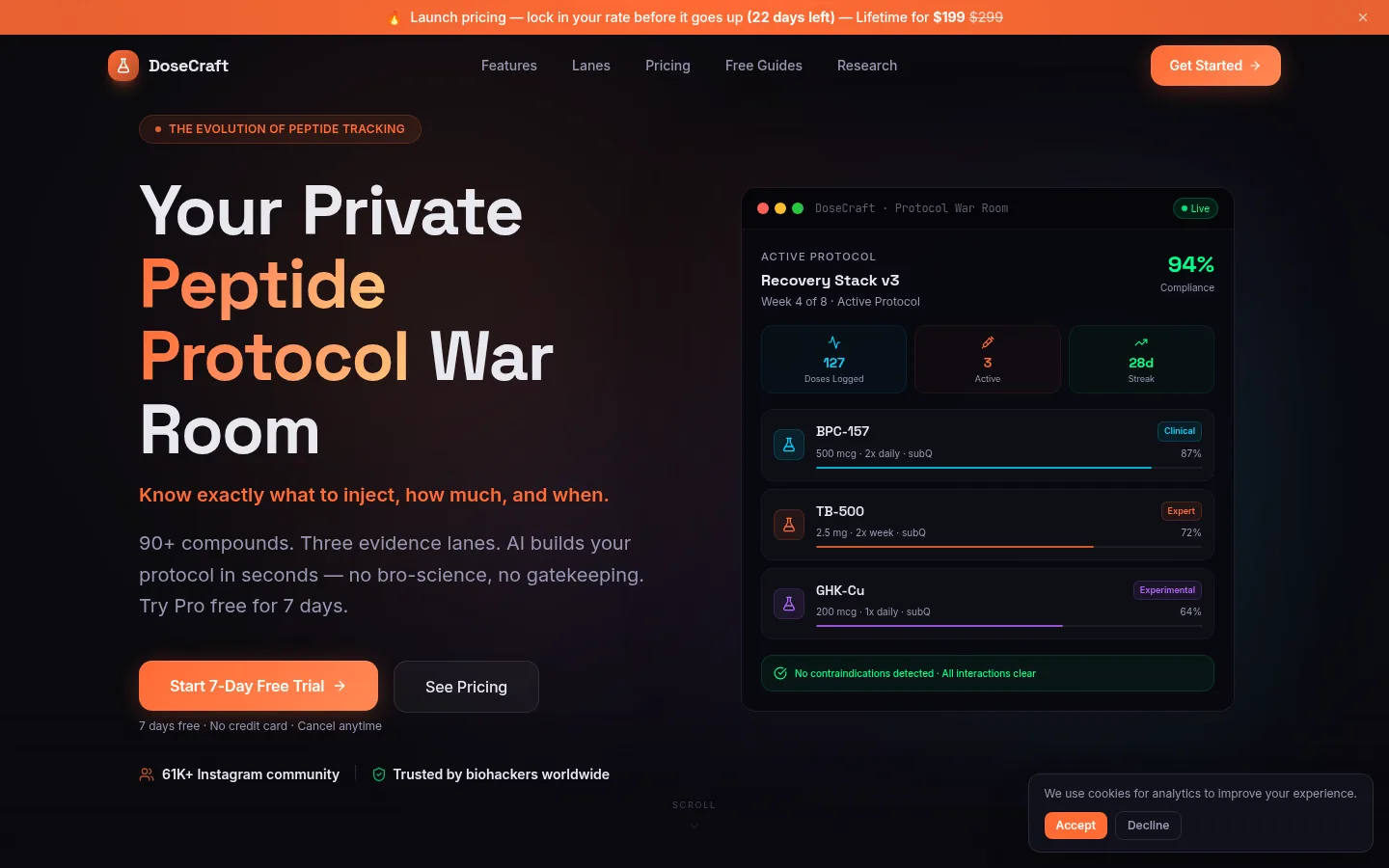 DoseCraft peptide protocol tracking web application